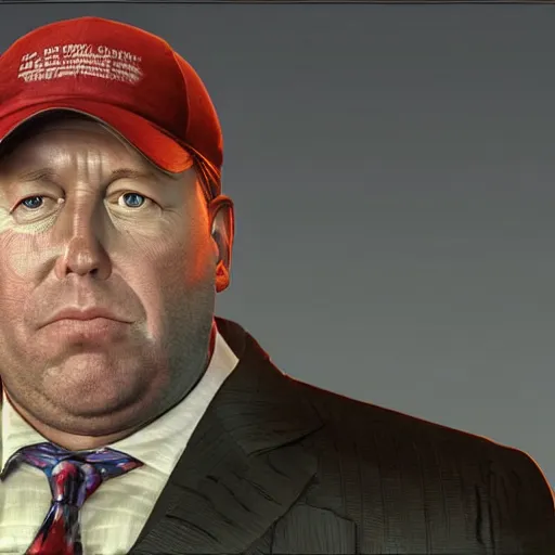 Image similar to hyperrealistic mixed media image of info wars alex jones wearing hat at desk, stunning 3 d render inspired art by xiang duan and thomas eakes and greg rutkowski, perfect facial symmetry, hyper realistic texture, realistic, highly detailed attributes and atmosphere, dim volumetric cinematic lighting, 8 k octane detailed render, post - processing, masterpiece,