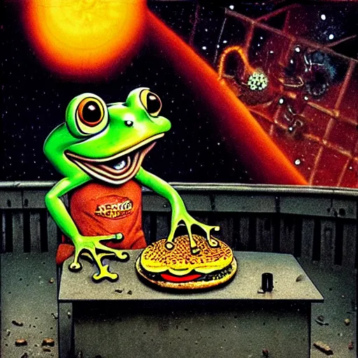 Image similar to a man with a frog head eating cheeseburger in front of devastating broken building in space, by by otto dix, junji ito, hr ginger, jan svankmeyer, beksinski, claymation, hyperrealistic aesthetic, masterpiece