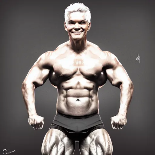 Image similar to Phillip schofield with the physique of a body builder, realistic, highly detailed, 4k, eye contact, digital painting,