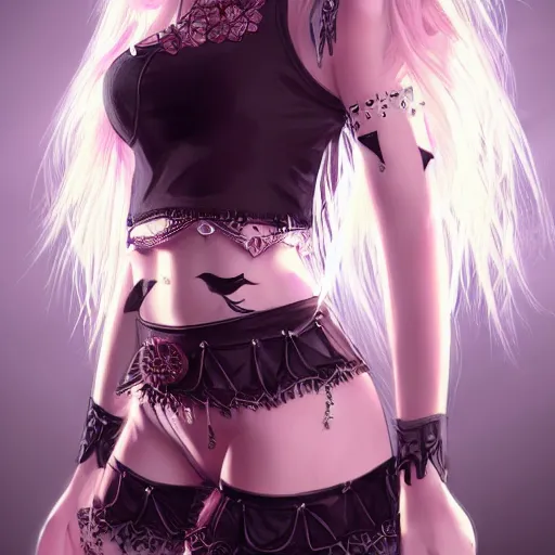 Image similar to kerli koiv animel goth girl in mini skirt and crop top intricate, extremely detailed, artstation, 8 k, sensual lighting, incredible art, wlop, artgerm