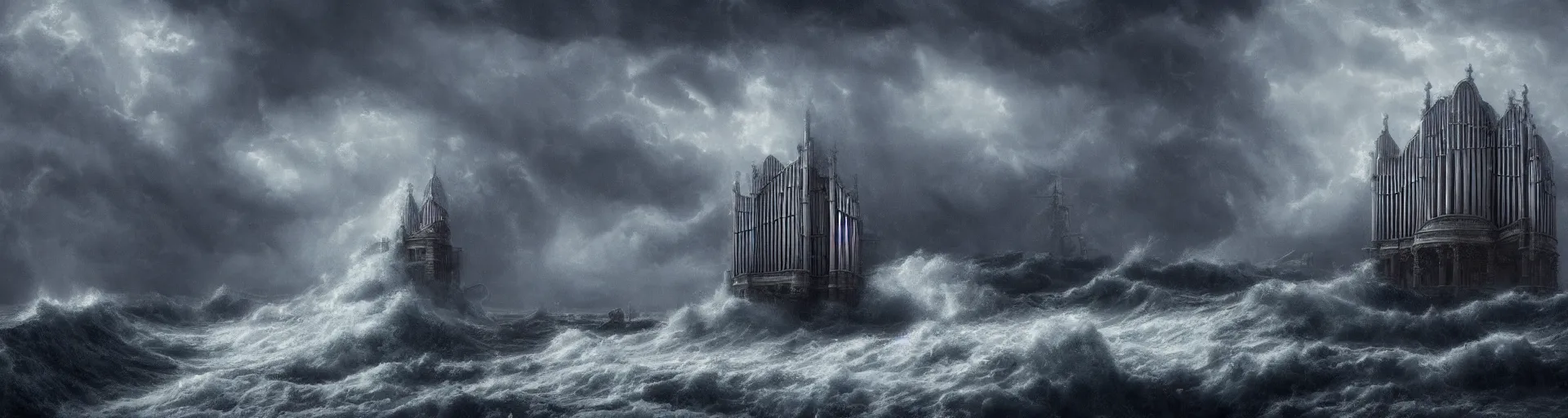 Image similar to A highly detailed matte painting of a huge pipe organ in a stormy sea in a storm, fog, rain, volumetric lighting, unreal engine 5 hd render, 8K resolution, trending on artstation