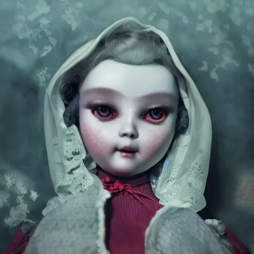 Prompt: a 3d rendered animated movie poster about eerily beautiful old porcelain dolls, rendered in renderman, color grade green red, dramatic lighting, fine details, by Carlos Ortega Elizalde