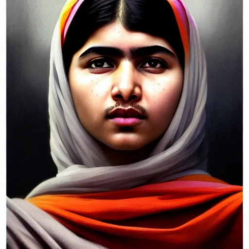 Prompt: Malala , colorful painting on grey scale face, powerful , magic, thunders, dramatic lighting, intricate, wild, highly detailed, digital painting, artstation, concept art, smooth, sharp focus, illustration, art by artgerm and greg rutkowski and alphonse mucha, footage