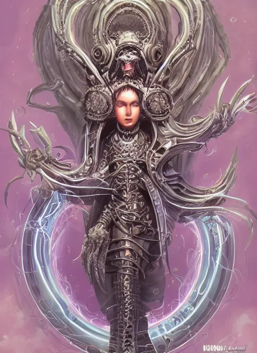 Image similar to ultradetailed ornate sci-fi RPG character illustration of a beautiful symmetric Medusa radiating a majestic glowing aura wearing a cyberpunk armor with decorum while fighting eldritch horrors, smooth digital airbrush painting, 3d rim light, hyperrealistic, masterpiece, artstation, cgsociety, concept art, kodakchrome