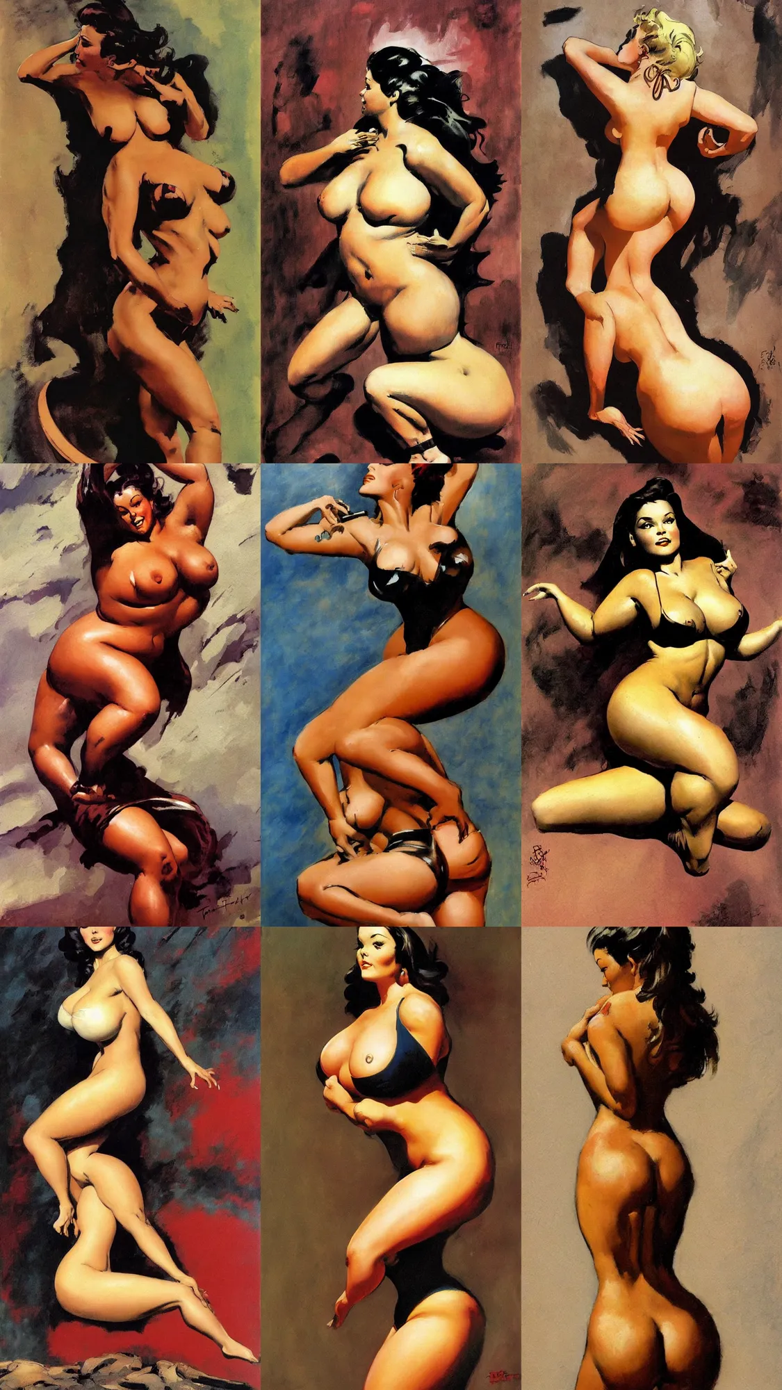 Prompt: painting of a curvy woman frank frazetta