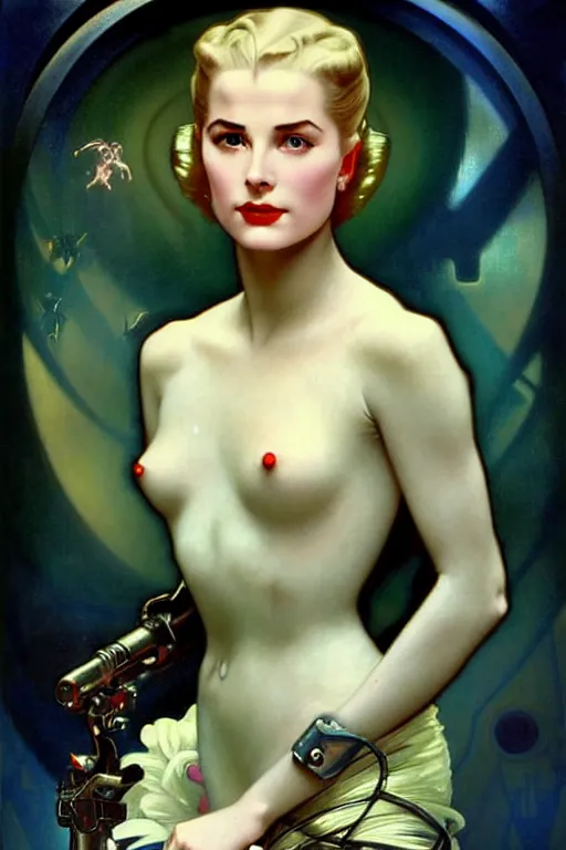 Image similar to young and beautiful evil cyborg grace kelly by steichen from the future in the style of tom bagshaw, alphonse mucha, gaston bussiere, cyberpunk. anatomically correct surreal body mods. extremely lush detail. masterpiece. melancholic scene infected by night. perfect composition and lighting. sharp focus. high contrast lush surrealistic photorealism. sultry expression on her face.