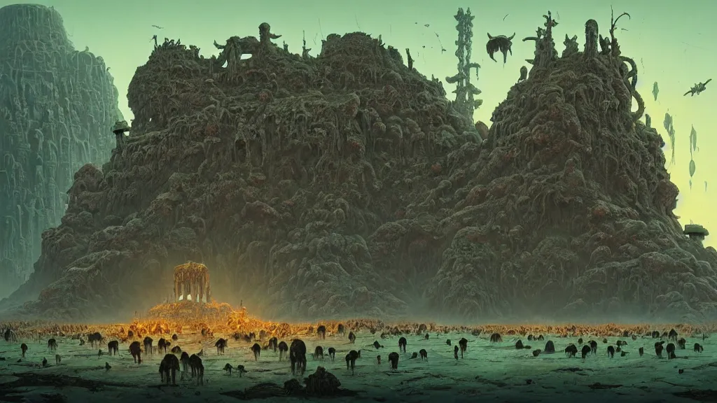 Image similar to the ancient manifestation of evil in a sea of rabid dogs, intricate, detailed, volumetric lighting, sharp focus, scenery, photorealism, digital painting, highly detailed, concept art, by roger dean and simon stalenhag and mark brooks