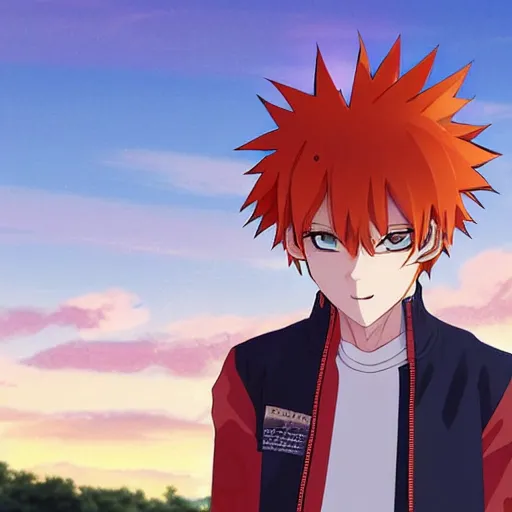 Image similar to orange - haired anime boy, 1 7 - year - old anime boy with wild spiky hair, wearing red jacket, flying through sky, ultra - high jump, late evening, blue hour, cirrus clouds, pearly sky, ultra - realistic, sharp details, subsurface scattering, blue sunshine, intricate details, hd anime, 2 0 1 9 anime