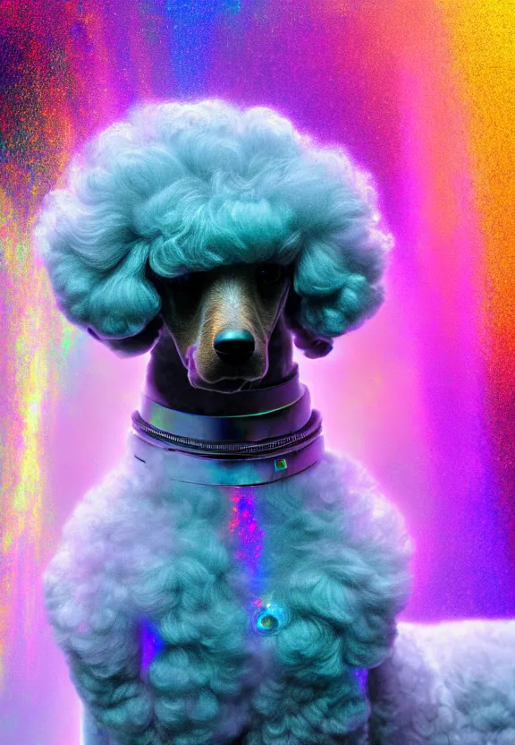 Prompt: a beautiful portrait of a poodle in a holographic iridescent spacesuit, cinematic, volumetric fog, risographic, digital art, 4 k, vintage sci - fi, inspired by moebius, inspired by thim white, inspired by h. r. giger