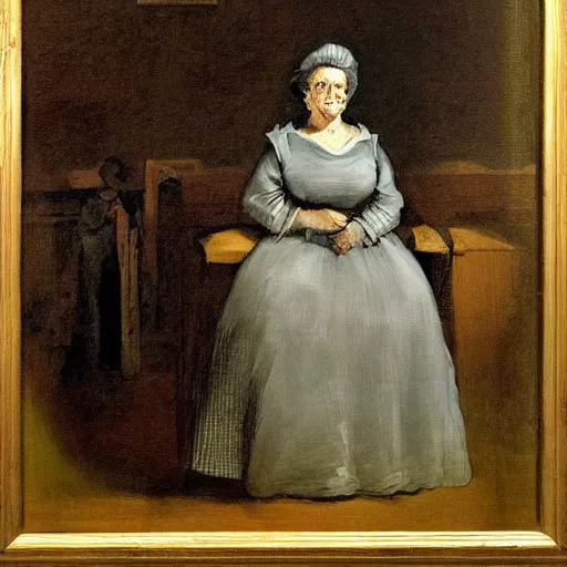 Prompt: queen elizabeth as an old dinner lady in a run down inner city london school, dark and depressing, by goya and hogarth