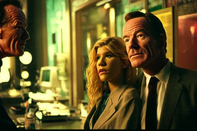Image similar to film still of bryan cranston and kesha in cosmic horror! the musical by david cronenberg, budapest street background, 3 5 mm film, atmospheric, ultra fine detail, film grain, photorealistic, hyperrealistic