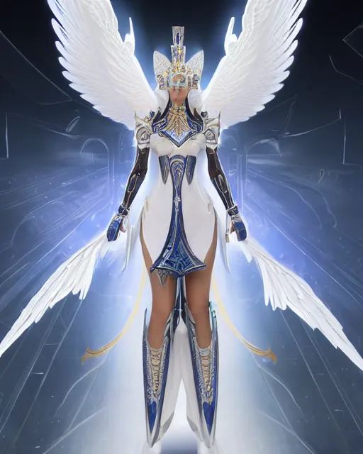 Image similar to perfect ornate white haired attractive egyptian goddess with huge white dove wings, warframe armor, beautiful, symmetric, dreamy, half asian, pretty face, blue eyes, detailed, scifi platform, laboratory, experiment, 4 k, ultra realistic, epic lighting, android body, illuminated, cinematic, masterpiece, art by akihito tsukushi, voidstar