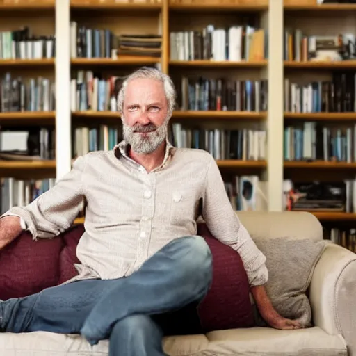 Image similar to cozy wide picture of older handsome lord richard is sitting gracefully on a sofa, his eyes look wise, happy wise. oh he is a human by the way, wear's beige shirt, has firm skin and bouncy belly