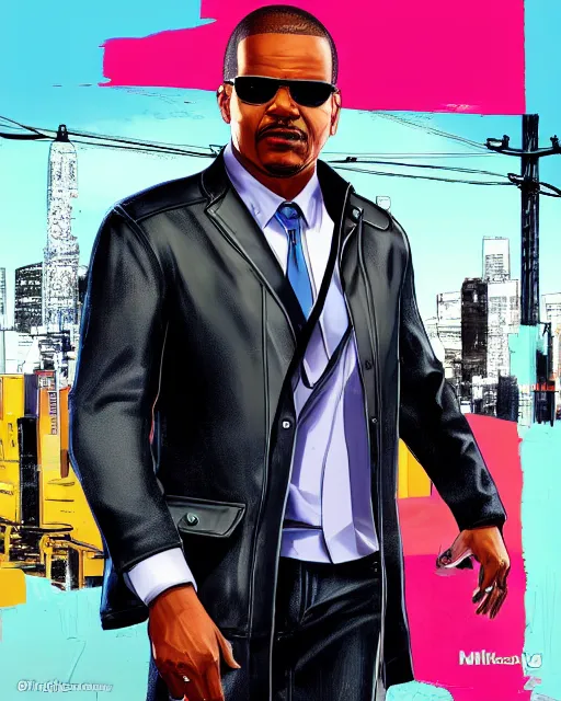 Image similar to Michael J. Foxx in the style of as a grand theft auto 5 character, cover game art