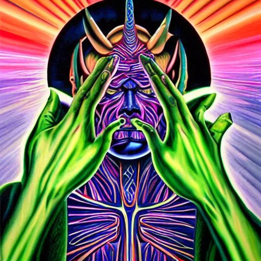 Image similar to a painting of androxus praying designed by alex grey, flooko, etheral, detailed, glows,