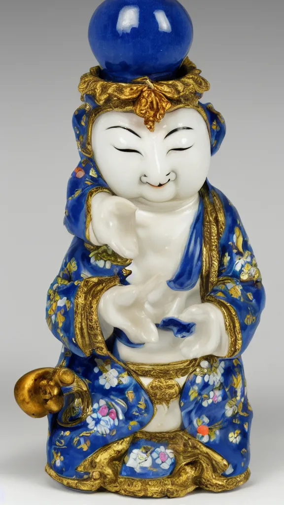 Image similar to porcelain rabbit head budda statue with blue details having a japanese kiseru in hand painted by john singer sargent