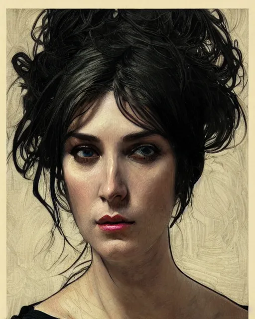 Image similar to portrait of a tall 4 0 - year - old woman with thin lips, heavy - lidded eyes, a strong jaw and long, thick shining black hair, thick eyebrows and long eyelashes, wearing in black clothes, hyper realistic face, beautiful eyes, fantasy art, in the style of greg rutkowski, intricate, alphonse mucha, hyper detailed, smooth