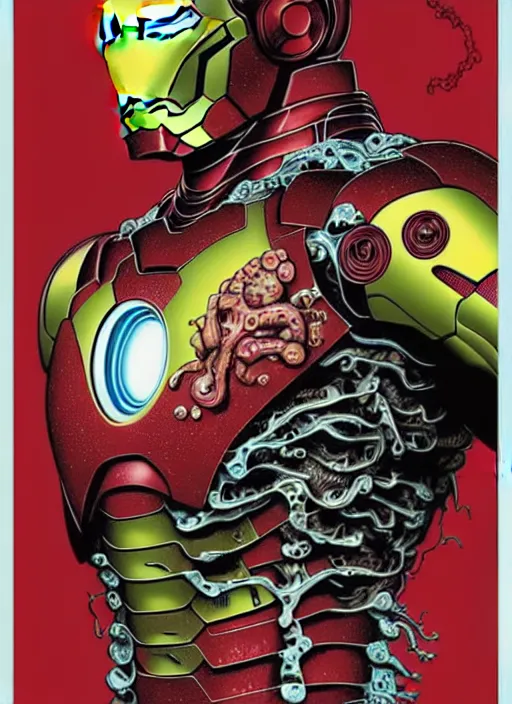 Image similar to iron man's disgusting true form bursting from within, gross, slimy, sleazy, pustules, high details, intricate details, by dan mumford