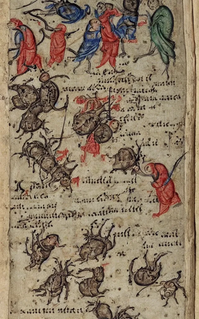 Image similar to snails biting and chasing a poor monk frail manuscript medieval marginalia, masterpiece