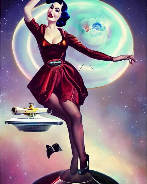 Image similar to retro space dita von teese varga girl posing on a space ship, retro pinup model, anna dittmann, gil elvgren, alberto vargas.