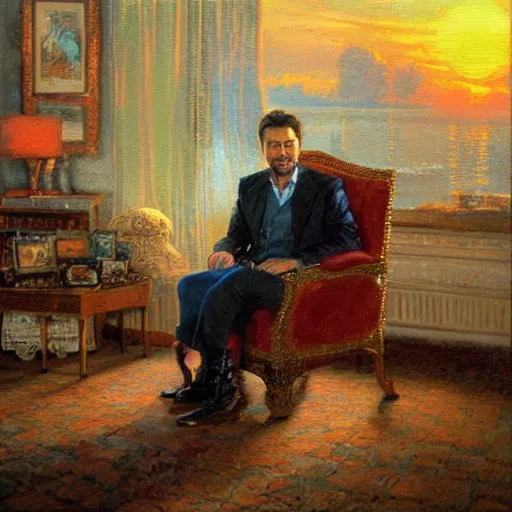 Prompt: detailed oil painting of old tony stark sitting in an armchair in a room with the setting sun, by thomas kinkade, rembrandt, golden hour