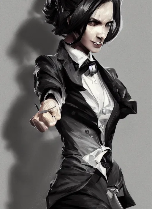 Image similar to a highly detailed illustration of beautiful short black messy haired woman wearing single eyepatch and noir style suit and tie, dramatic smiling pose, intricate, elegant, highly detailed, centered, digital painting, artstation, concept art, smooth, sharp focus, league of legends concept art, WLOP