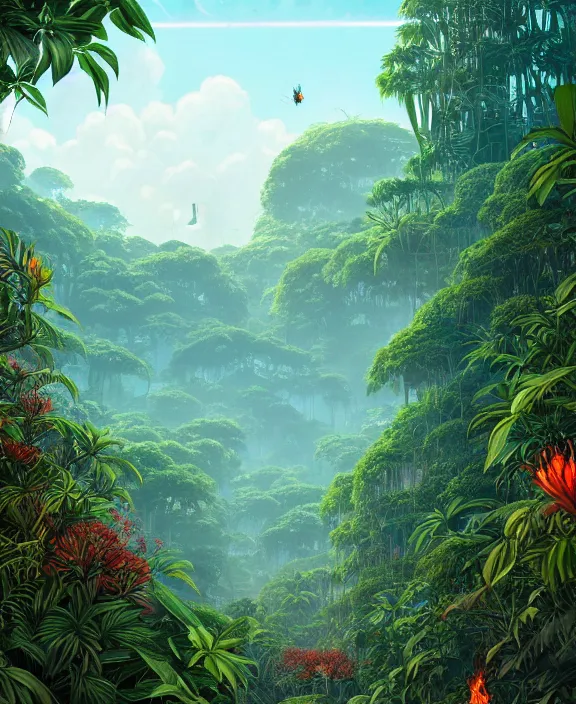 Prompt: simplicity, an elegant structure made out of exotic insects, overgrown with lush floral jungle, partly cloudy, hellscape, hell, fire, brimstone, lava, by dan mumford, yusuke murata, makoto shinkai, ross tran, cinematic, unreal engine, cel shaded, featured on artstation, pixiv
