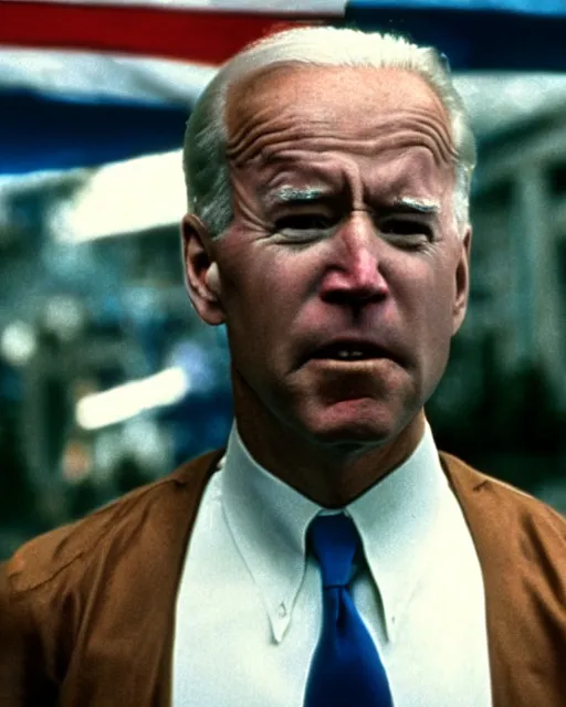 Prompt: film still close - up shot of joe biden running a marathon from the movie independence day. photographic, photography