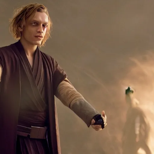 Prompt: Jamie Campbell Bower as a jedi in star wars