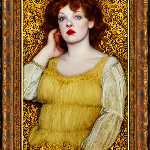 Image similar to preraphaelite portrait photography masterpiece hybrid of judy garland and florence welch, reclining, william holman hunt, ford madox brown, brown hair fringe, yellow ochre ornate medieval dress, william morris, framed 4 k