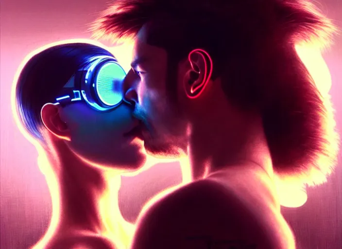 Image similar to ultra realistic photograpic medium shot of a couple of cyborgs kissing, lovers, cyberpunk, sci - fi, fantasy, kodak potra 4 0 0, colour led, soft light, volumetric lighting, night, intricate, highly detailed, digital painting, concept art, smooth, sharp focus, illustration, art by artgerm and greg rutkowski and alphonse mucha