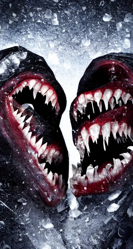 Prompt: up close shot of two vampire fangs, winter, dark scenery, dark lighting, cinematic, cold freezing nights, laser lights, crybernetic, top floor boss shit, destroy lonely, black floor, lavish, luxurious, marble walls, cinematic, hyper realism, high detail, octane render, 8 k