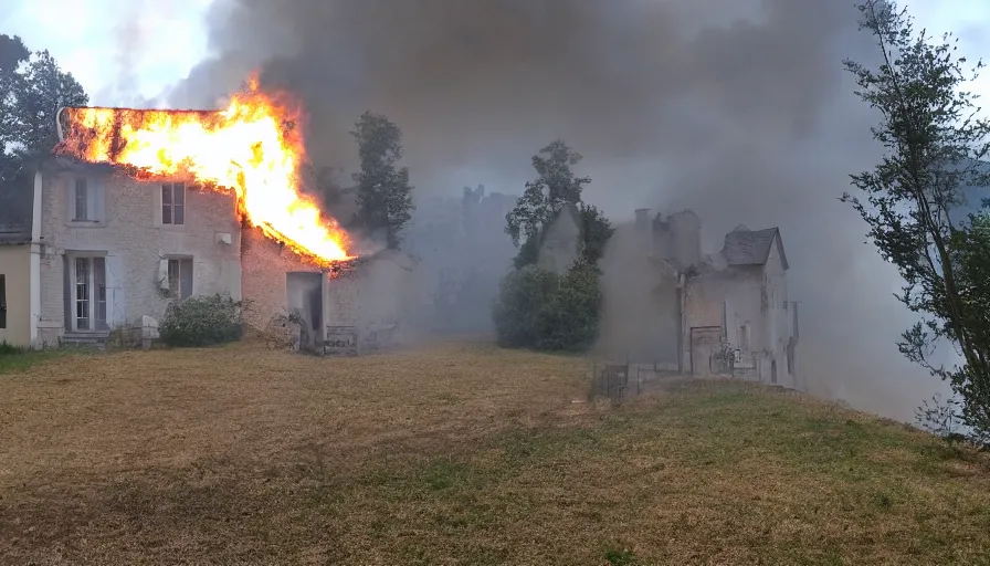 Image similar to mini dv camera footage of a heavy heavy burning french style little house, heavy rain, in a small northern french village, heavy grain, very low quality, high detail, dramatic light