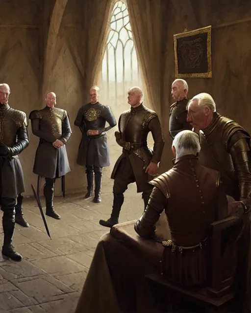 Image similar to middle ages, tywin lannister discusses war strategy with his military advisors, council chambers, game of thrones | | realistic shaded, fine details, realistic shaded lighting painting by greg rutkowski, diego gisbert llorens, magali villeneuve, artgerm, jeremy lipkin, michael garmash, rob rey