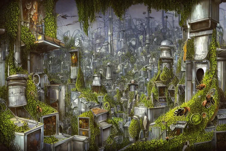 Image similar to futuristic foliage overgrowing detailed favela graveyard honeybee hive, art nouveau environment, industrial factory, award winning art, epic dreamlike fantasy landscape, ultra realistic,