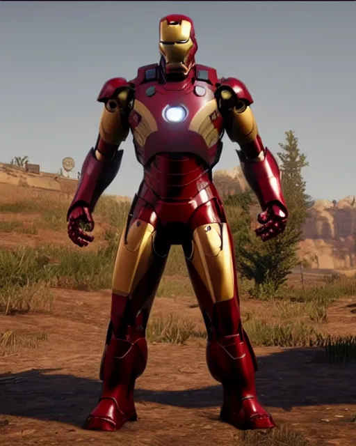 Image similar to robust and bulky iron man suit in red dead redemption 2, cinematic, photorealistic
