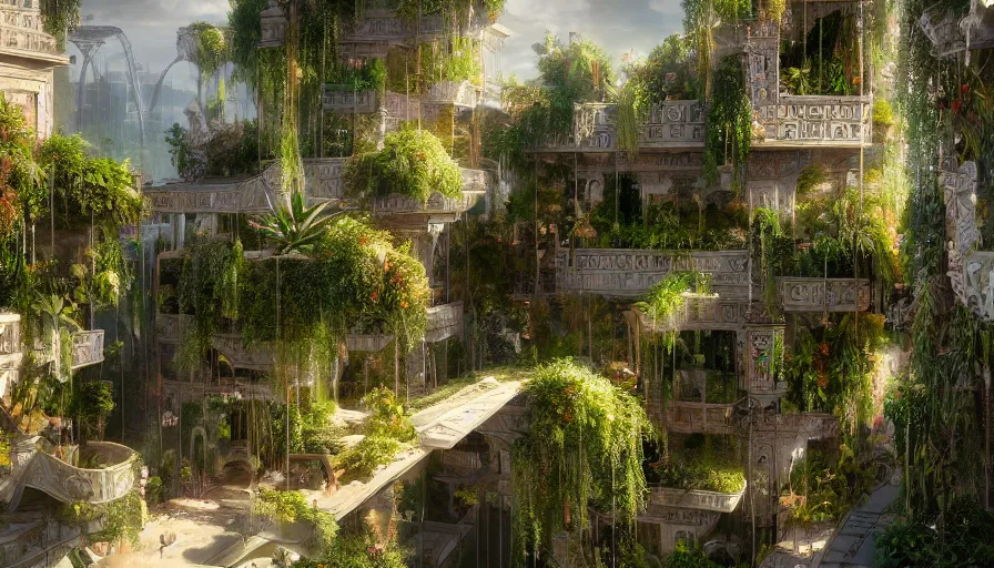 Image similar to Hanging gardens of Babylon during a beautiful day, hyperdetailed, artstation, cgsociety, 8k