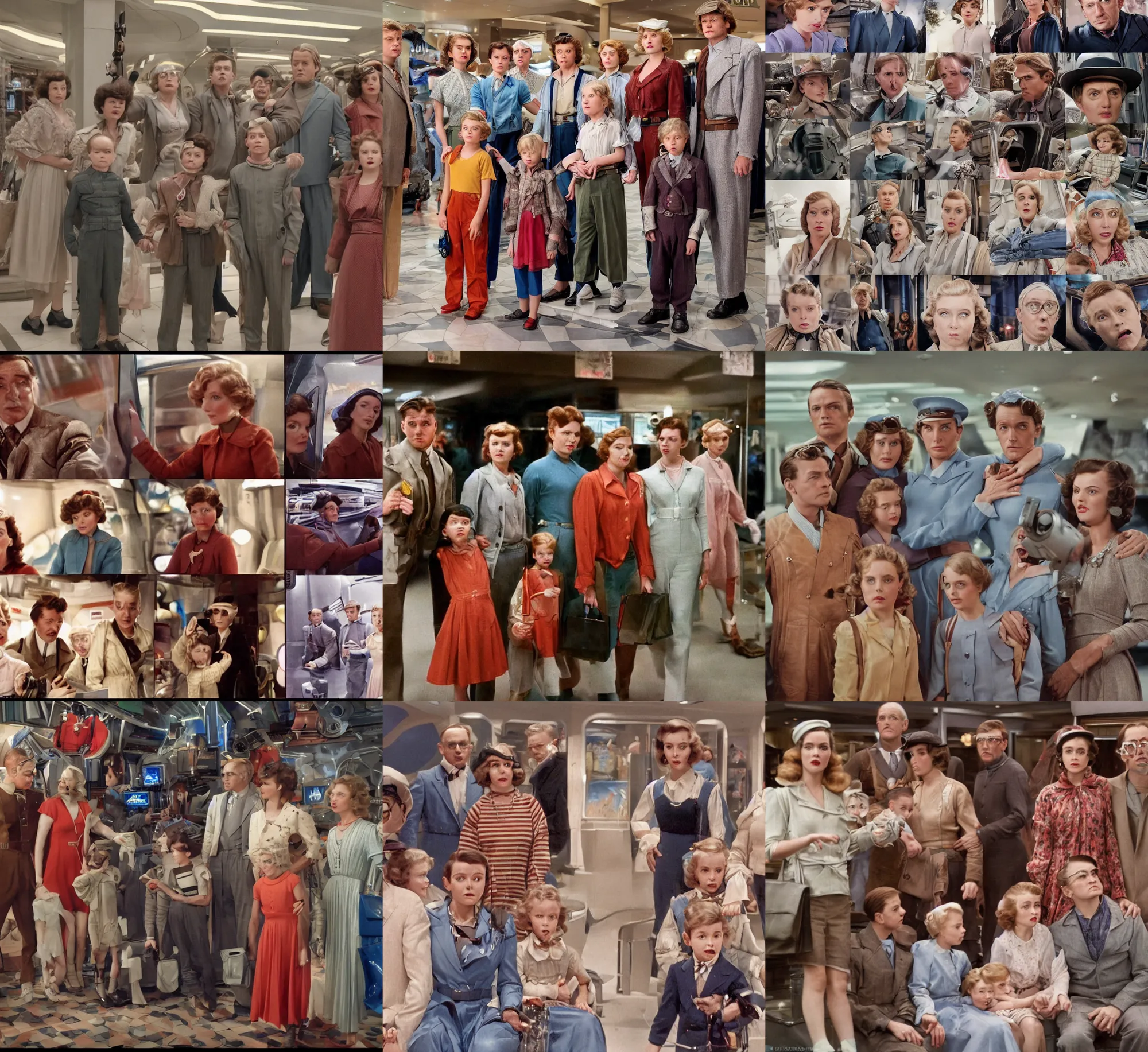 Prompt: sharp, highly detailed, high quality 70mm frame scan from a sci fi blockbuster color movie made in 2019, a family of four time travelers from 1930 travel in time to 2019, appearing in a shopping mall, looking surprised, the family are all wearing 1930s era clothes, good lighting, in focus, cinematic still, high quality scan, in focus, 35mm macro lens, detailed eyes, realistic faces and details, oscar winner, award winning lighting, award winning photography, ultra high definition