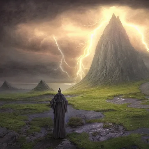 Image similar to a beautiful detailed realistic matte painting of close - up of a magical wizard looking towards a serene landscape with an eerie dark magic lightning portal to another dimension, by john howe and alexander skold and andreas rocha. vray, raytracing, detailed lighting, volumetric lighting, cinematic lighting, very wide shot, f 8