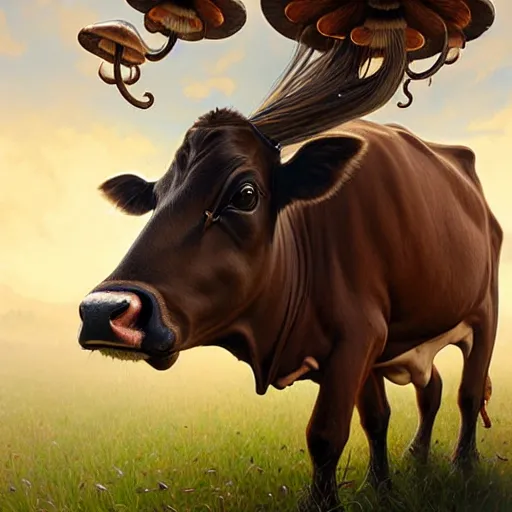 Image similar to long shot photo of a cow with mushrooms growing on its back, highly detailed, digital painting, artstation, smooth, sharp focus, illustration, art by artgerm and greg rutkowski and alphonse mucha