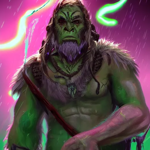 Image similar to an older half - orc shaman with long wiry grey hair, glowing green eyes, glowing tattoos, lightning in background, rainy background, character concept art, artstation, digital art