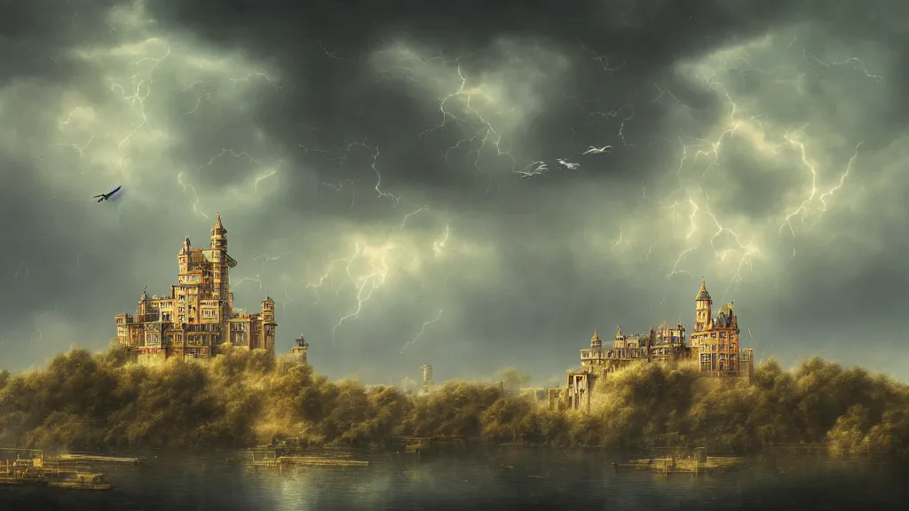 Prompt: a cinematic cityscape photograph of a flock of birds in the sky above a floating castle, a fiery dragon flys in the sky, thunder and lightning, lee madgwick