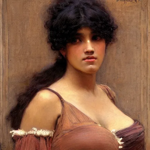 Prompt: woman with brown skin, curly black hair and bangs portrait by john william waterhouse and Edwin Longsden Long and Theodore Ralli and gaston bussiere. Cinematic, hyper realism, dramatic lighting, high detail 8k