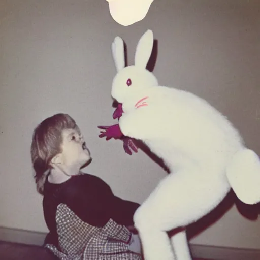 Prompt: candid 1988 polaroid photo of a terrifying easter bunny upsetting a child