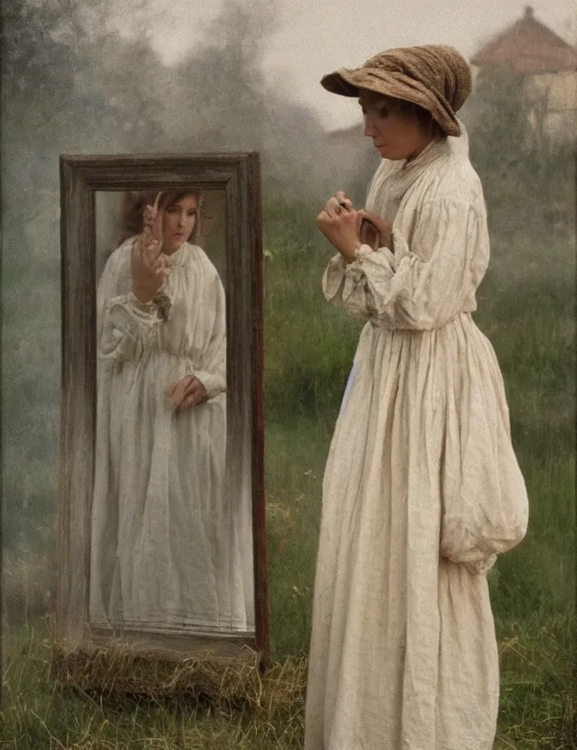 Image similar to peasant girl trying dress in front of a mirror, on a village, Cinematic focus, Polaroid photo, vintage, neutral colors, soft lights, foggy, by Steve Hanks, by Serov Valentin, by lisa yuskavage, by Andrei Tarkovsky 8k render, detailed, oil on canvas