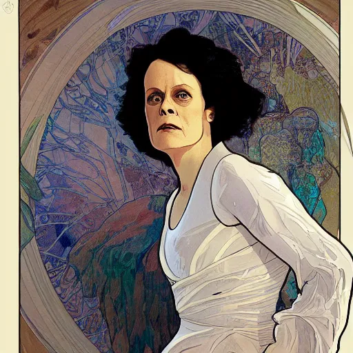 Image similar to sigourney weaver, tired, serious, intelligent, powerful, white hair, fully clothed, wise, beautiful, by alfons mucha, soft lighting, trending on artstation, flat colour