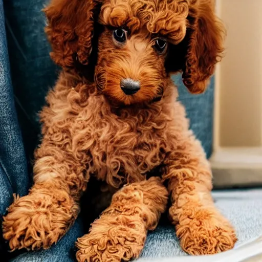 Image similar to very realistic cute light brown poodle puppy sitting inside a tea cup