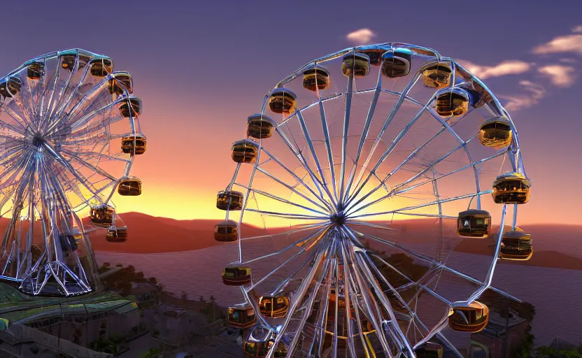 Image similar to one ferris wheel at sunrise, concept art, hyperrealistic, octane render, unreal engine 5, path traced, highly detailed, high quality, 8 k, dramatic lighting, cinematic, high coherence, symmetrical, high contrast, 1 9 8 0 s style, lens flare, godrays