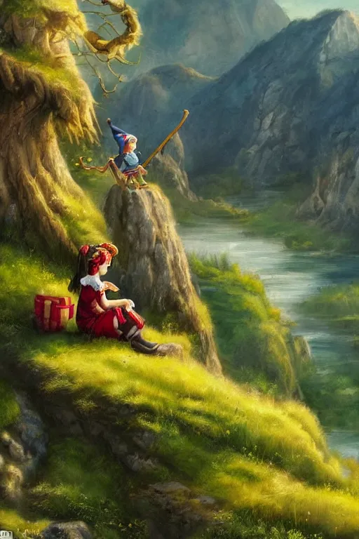 Image similar to a splash painting of a cute elf and dwarf sitting on the edge of a hill, beautiful nature, beautiful landscape