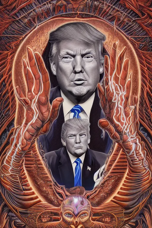 Image similar to highly detailed portrait of donald trump by alex grey, patrick woodroffe, mark ryden created by gustave dore and greg rutkowski, high detailed, smooth draw, synthwave neon retro, intricate, realistic proportions, dramatic lighting, trending on artstation